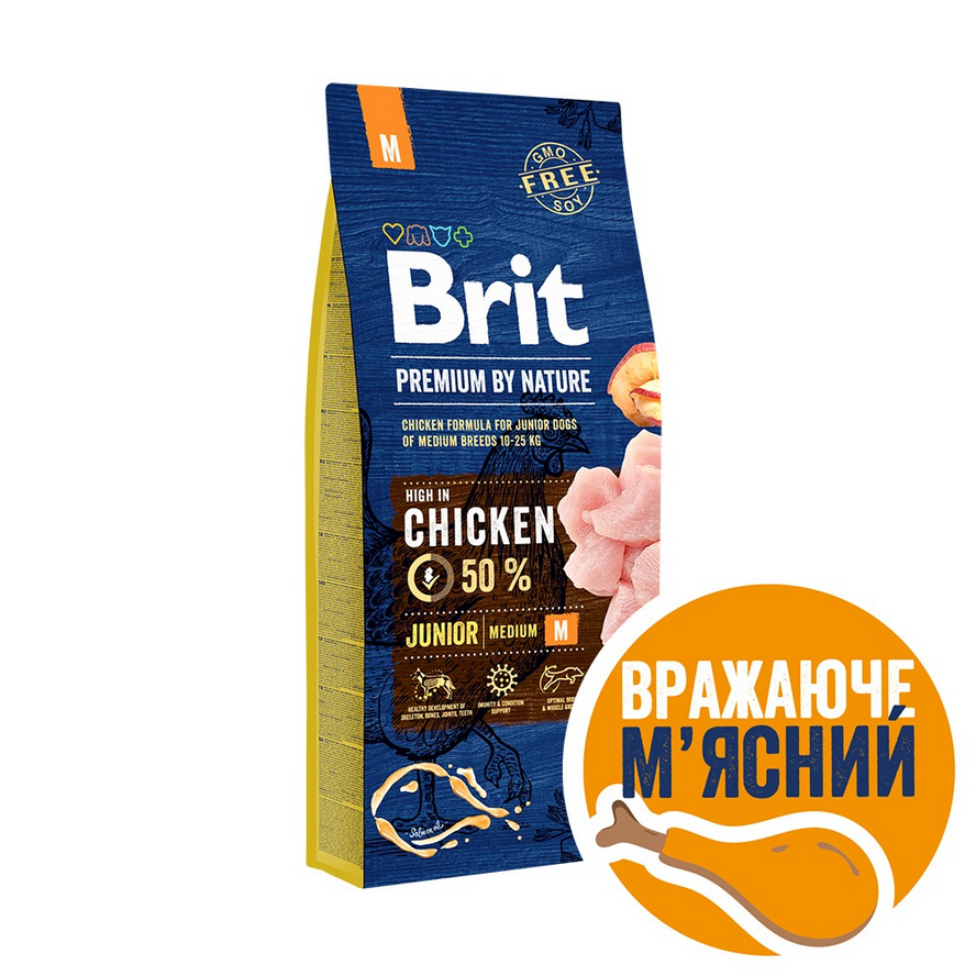 Сухий корм Brit Premium Dog Junior M для цуценят та юніорів середніх порід з куркою 15 кг