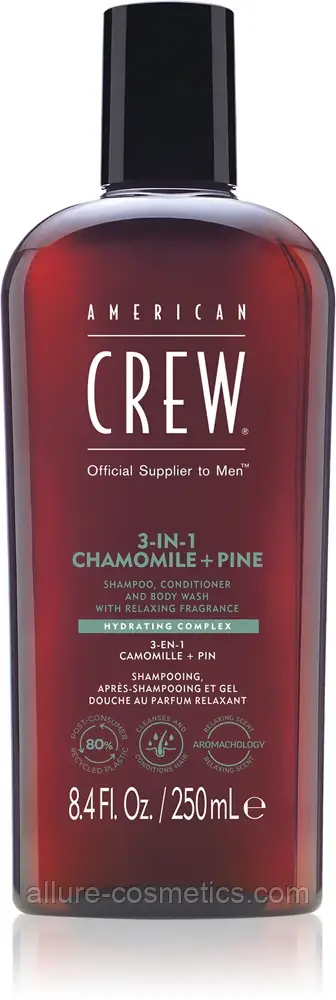 Шампунь, кондиціонер та гель для душу 3в1 American Crew Hair & Body 3 in 1 Chamomile + Pine 250мл