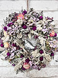 Вінок з натуральних сухоцвітів з пташкою , великодній вінок оберег на двері Срібний серпанок , д 28 см, фото 6
