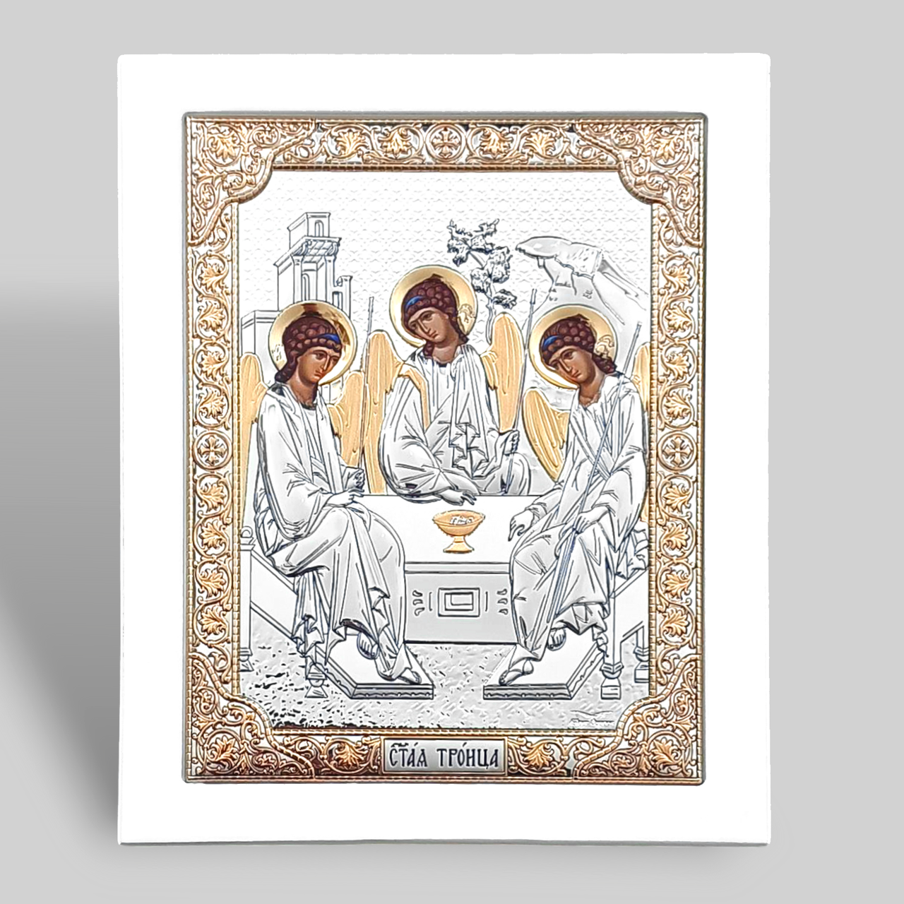 Срібна ікона 15х19 см Свята Трійця на білому дереві Греції. PR-4/023/G/BG/B, фото 1