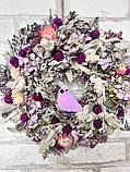 Вінок з натуральних сухоцвітів з пташкою , великодній вінок оберег на двері Срібний серпанок , д 28 см, фото 2