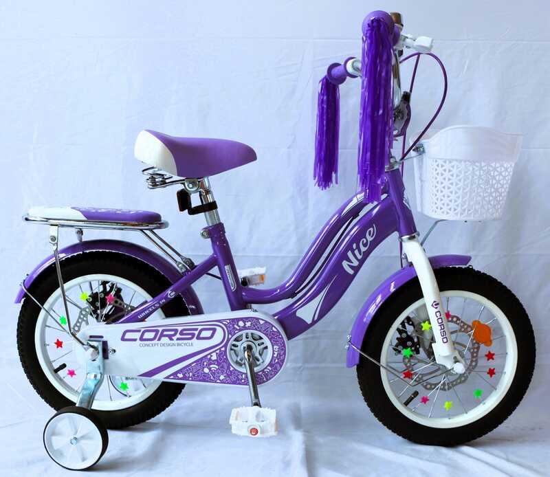 Велосипед 2-х колісний 14" "Corso Nice" NC-14021 сталева рама, дискові гальма, дод. колеса, дзвоник, бутилочка, корзинка, зібран