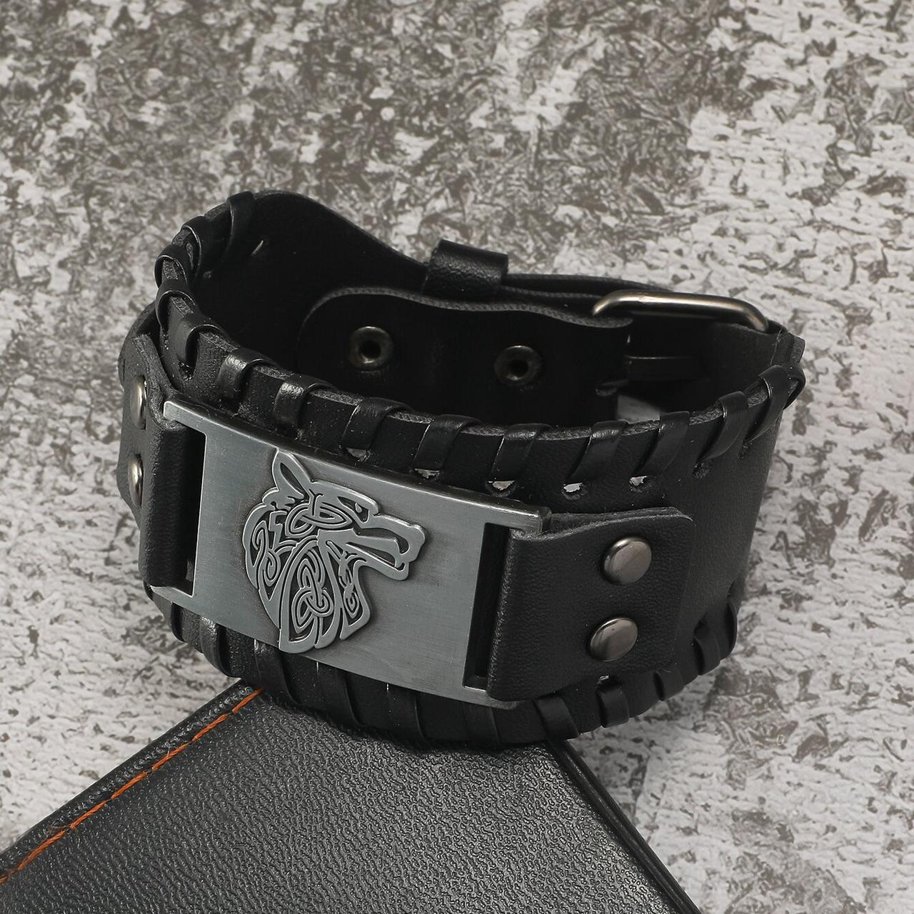 Браслет чоловічий шкіряний Wolf Power Silver широкий, фото 1