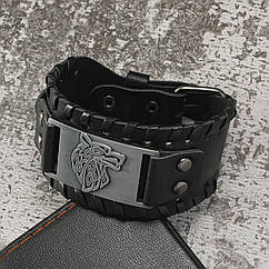 Браслет чоловічий шкіряний Wolf Power Silver широкий