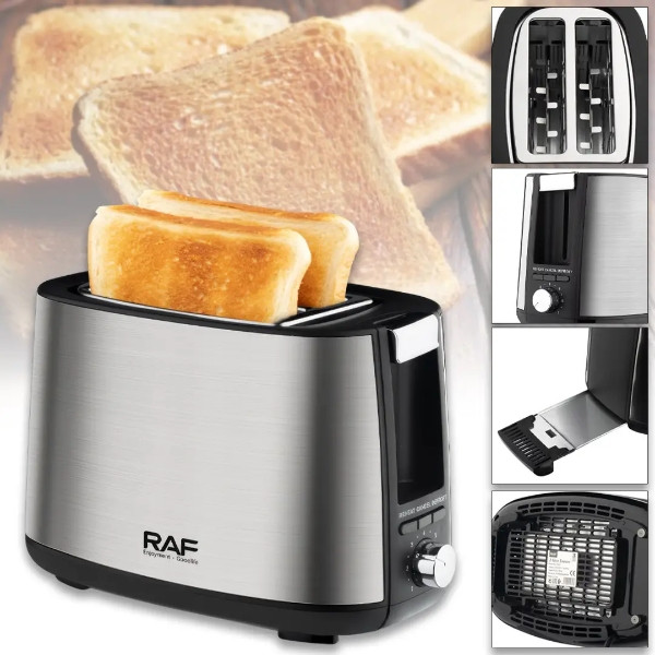 Тостер на 2 скибочки хліба з регулятором RAF R 507 Сталевий, фото 1