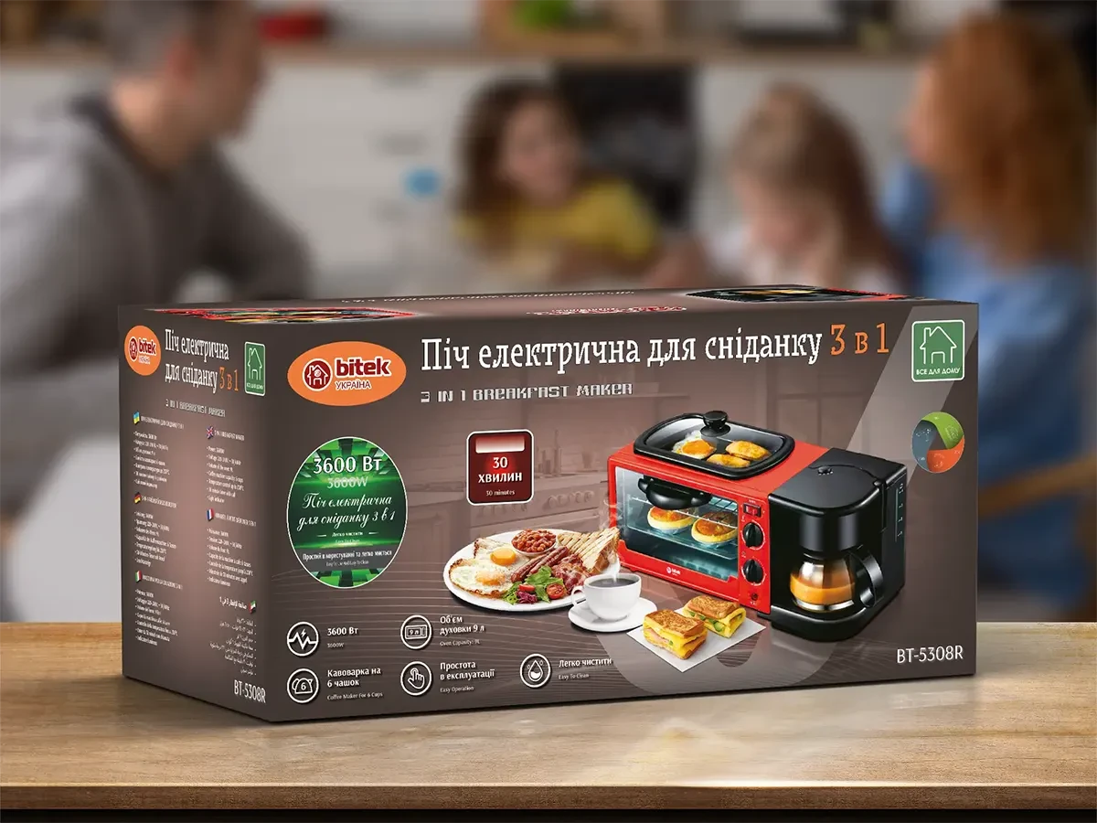 Піч електрична для сніданку 3 в 1 3600Вт BITEK BT-5308R 2шт 6550, фото 1