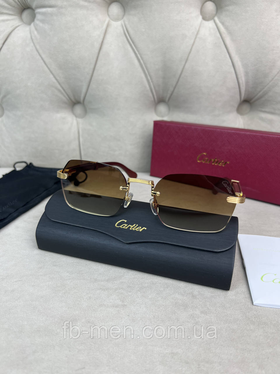 Сонцезахисні окуляри Cartier з дерев'яними дужками зі вставками золота та коричневими склами якість преміум