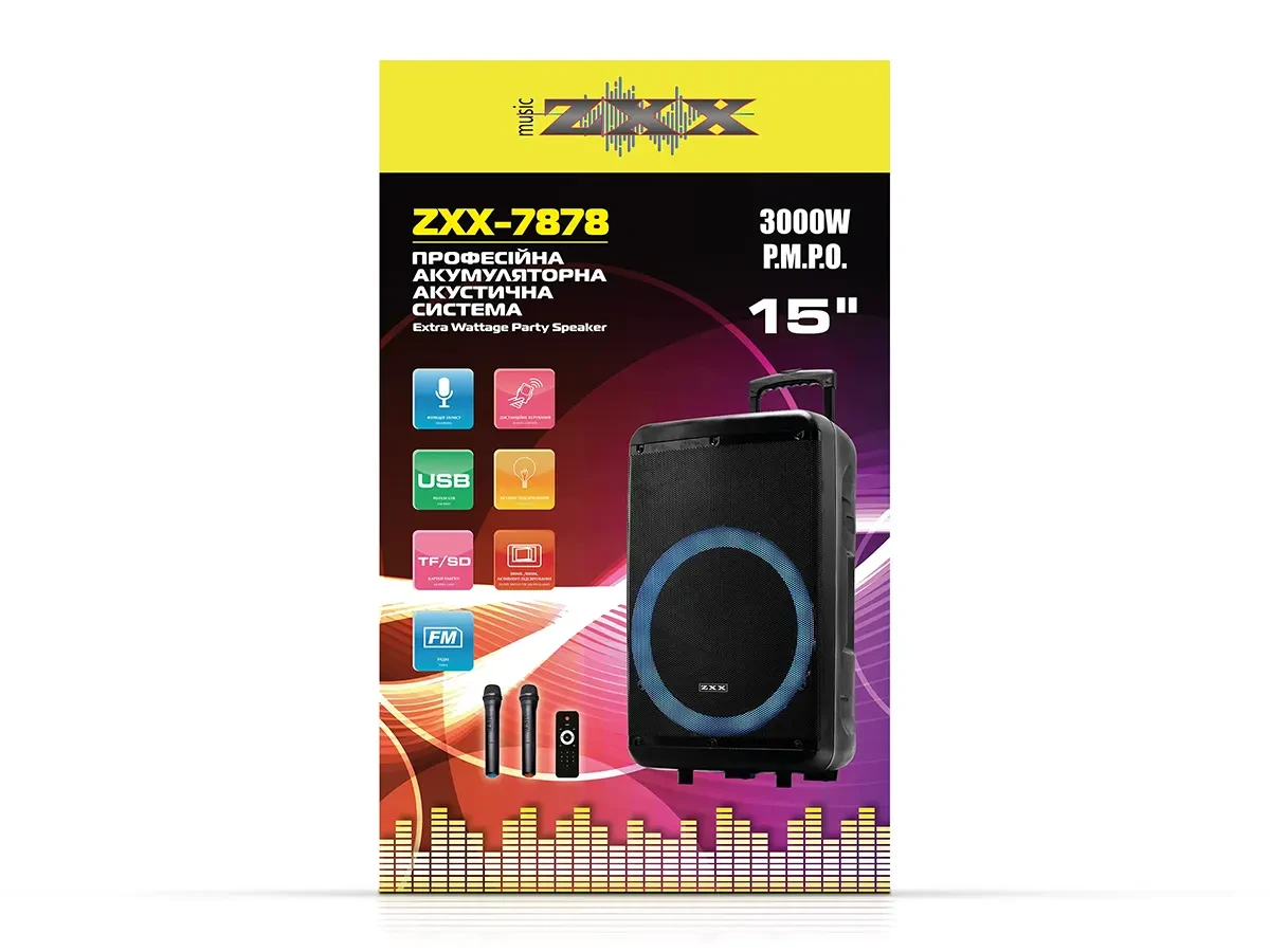 Акустична переносна колонка ZXX-7878 90Вт 15" 72х42х35см USB/SD/FM/BT/TWS/2MIC/ДК 1шт 8161, фото 1