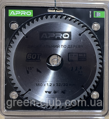 Диск пиляльний для дерева 180х32 (30)х60Т APRO 830140, фото 1