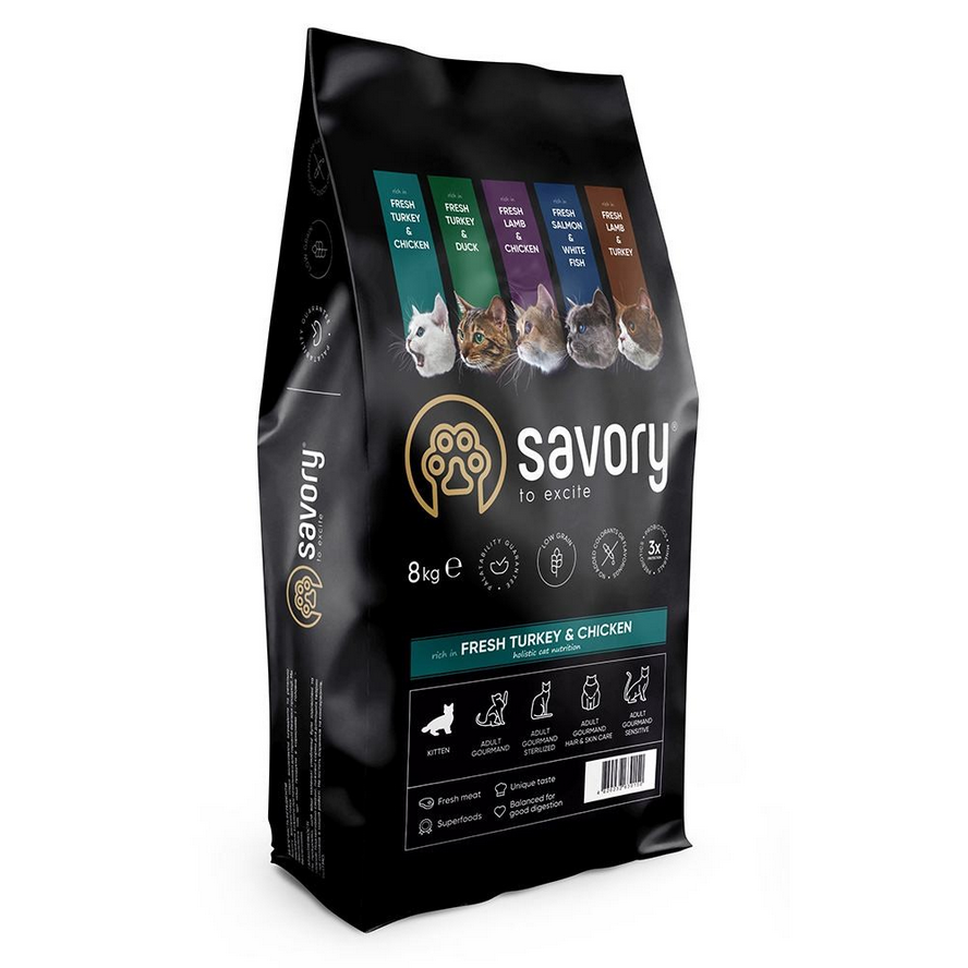 Сухий корм Savory для кошенят всіх порід зі свіжою індичкою та куркою 8 кг