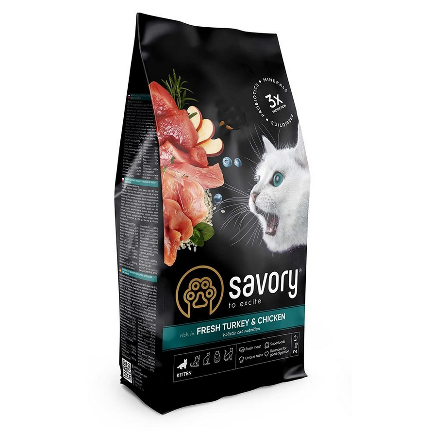 Сухий корм Savory для кошенят всіх порід зі свіжою індичкою та куркою 2 кг