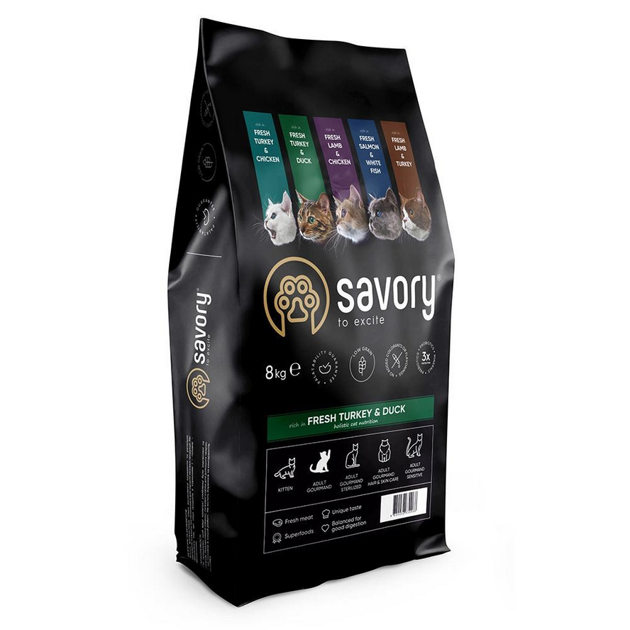 Сухий корм Savory для котів гурманів зі свіжою індичкою та качкою 8 кг