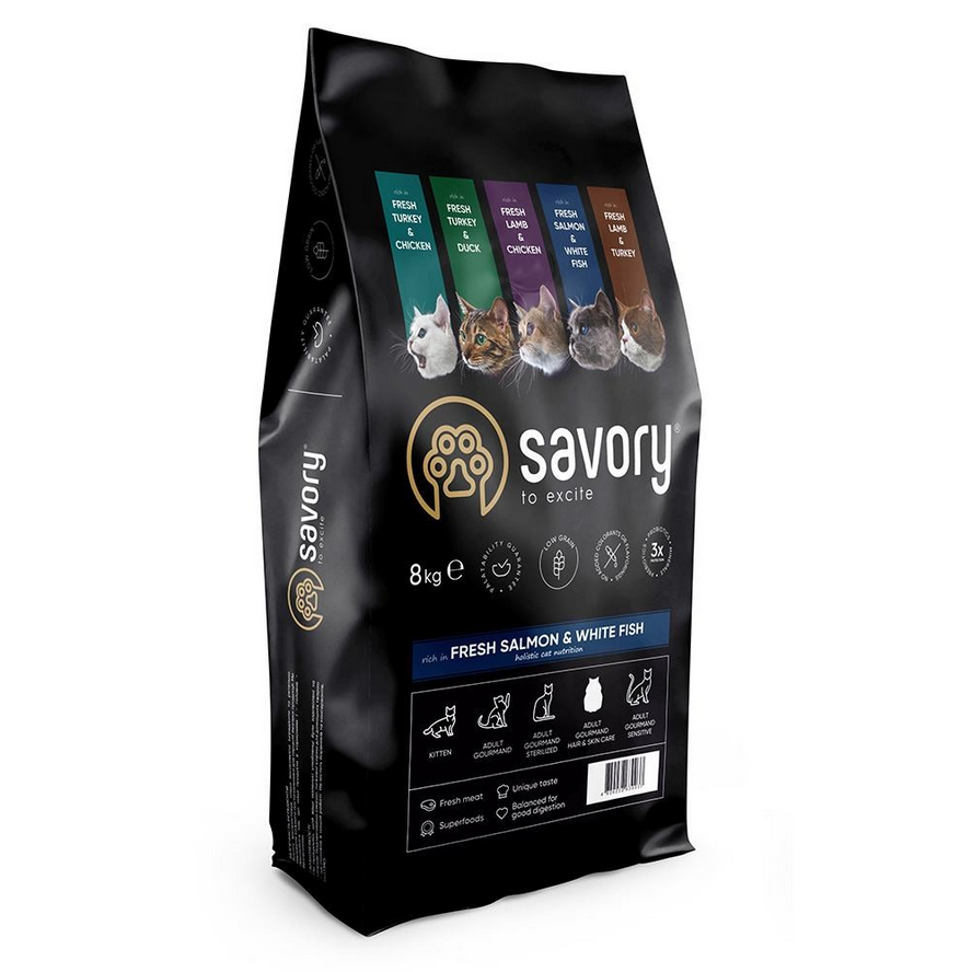 Сухий корм Savory для довгошерстих котів зі свіжим лососем і білою рибою 8 кг