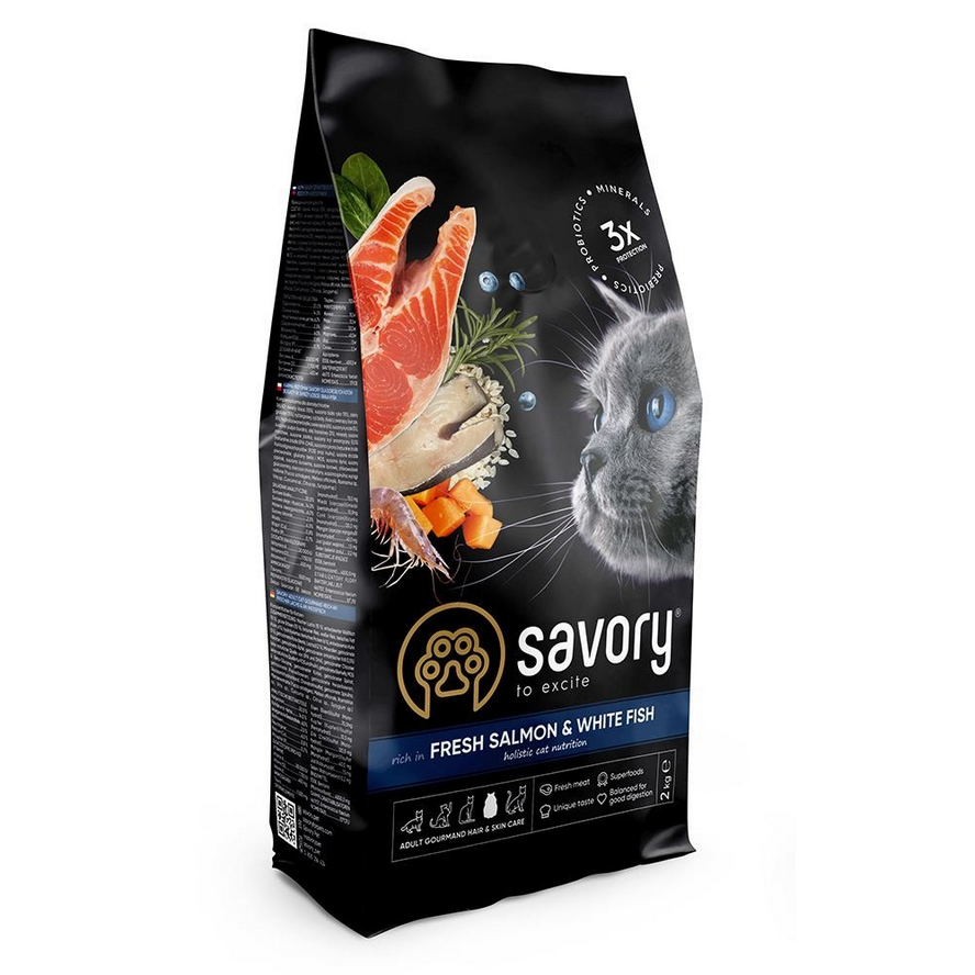 Сухий корм Savory для довгошерстих котів зі свіжим лососем і білою рибою 2 кг