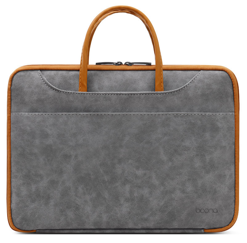 Сумка для ноутбука сіра з коричневою окантовкою 15.6" Boona XB-Q016 вологозахисна сумка до ноутбку 15-16 дюймів сіро-коричнева, фото 1