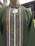 Вишиванка чоловіча ручної роботи вишита зелена домоткане полотно довгий рукав розмір 52, фото 2