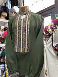 Вишиванка чоловіча ручної роботи вишита зелена домоткане полотно довгий рукав розмір 52, фото 5