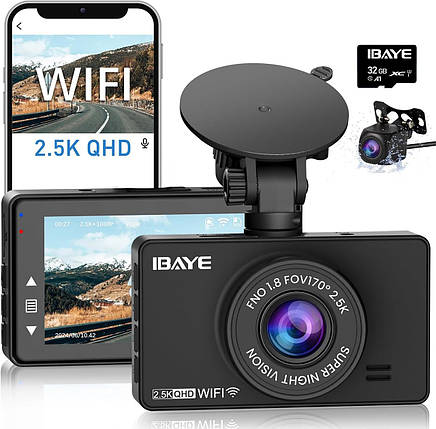 IBAYE Dashcam, передня та задня камера відеореєстратора 2.5K QHD, автомобільний відеореєстратор із безплатно, фото 1