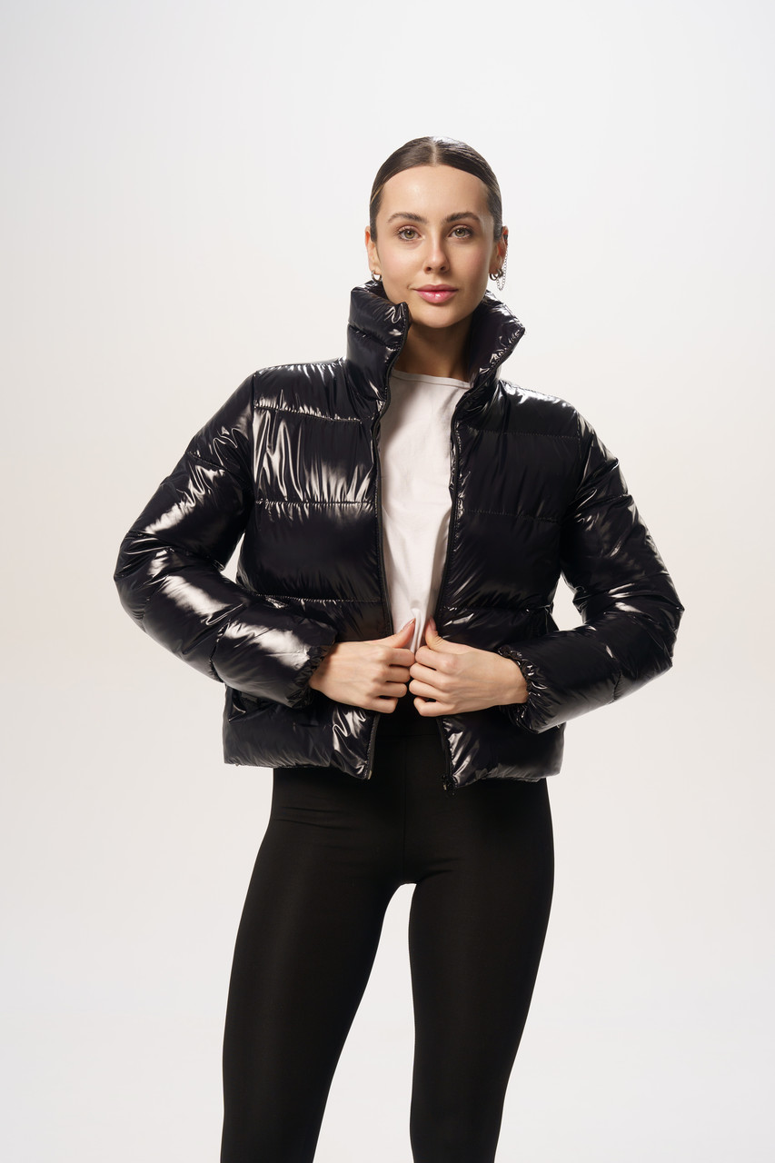 Куртка жіноча коротка весняна осіння до 0°C пуховик Bubble чорний лаке, фото 1