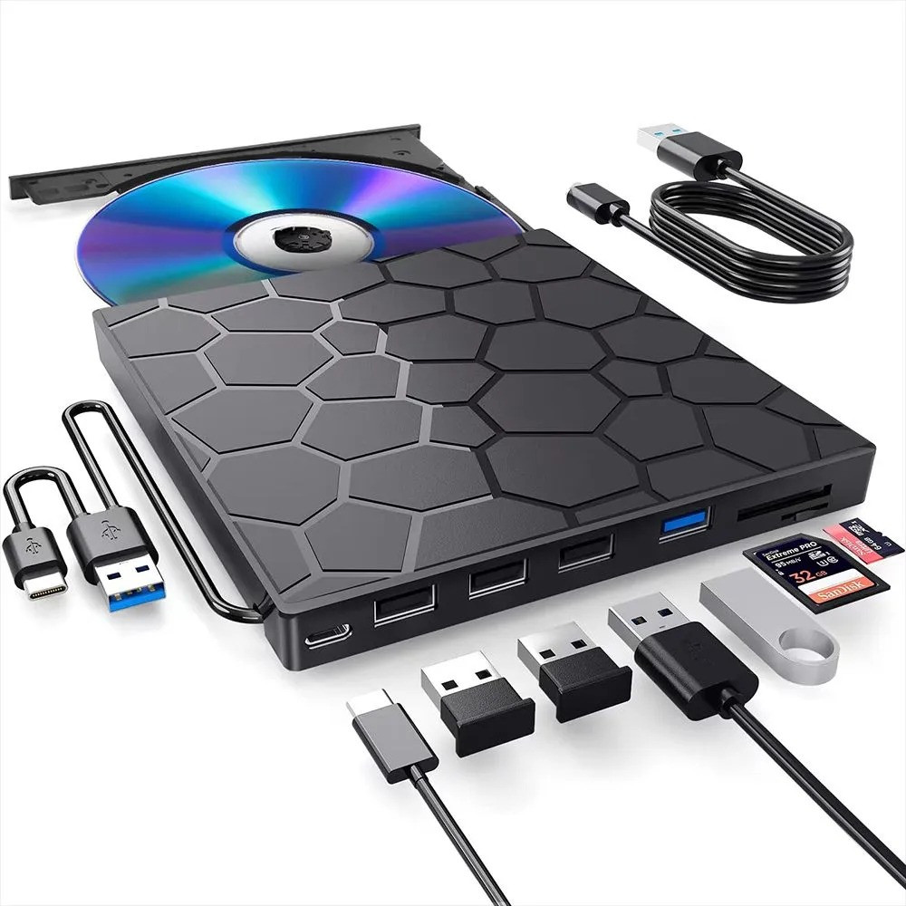 Зовнішній ультратонкий CD DVD привід для ноутбуків USB SD TF USB Чорний