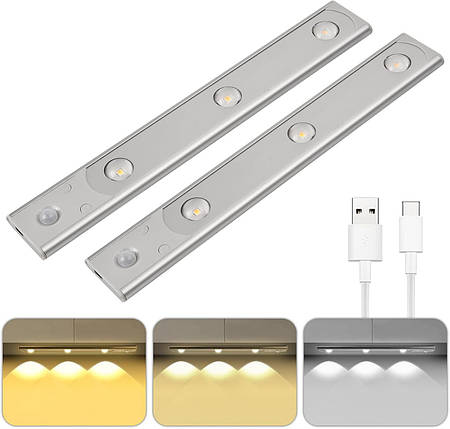 Pagezol 2PCS Датчик руху з регулюванням яскравості під освітленням шафи USB, перезаряджуваний, 3-колірні світлодід, фото 1