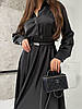 Графітний жіночий базовий стильний костюм-двійка з якісного шовку: сорочка на гудзиках та спідниця-міді, фото 2