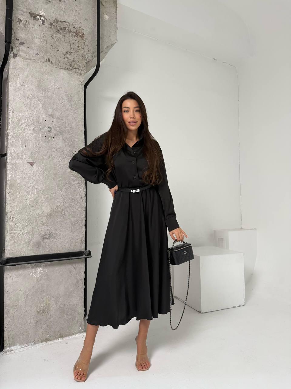 Графітний жіночий базовий стильний костюм-двійка з якісного шовку: сорочка на гудзиках та спідниця-міді, фото 1