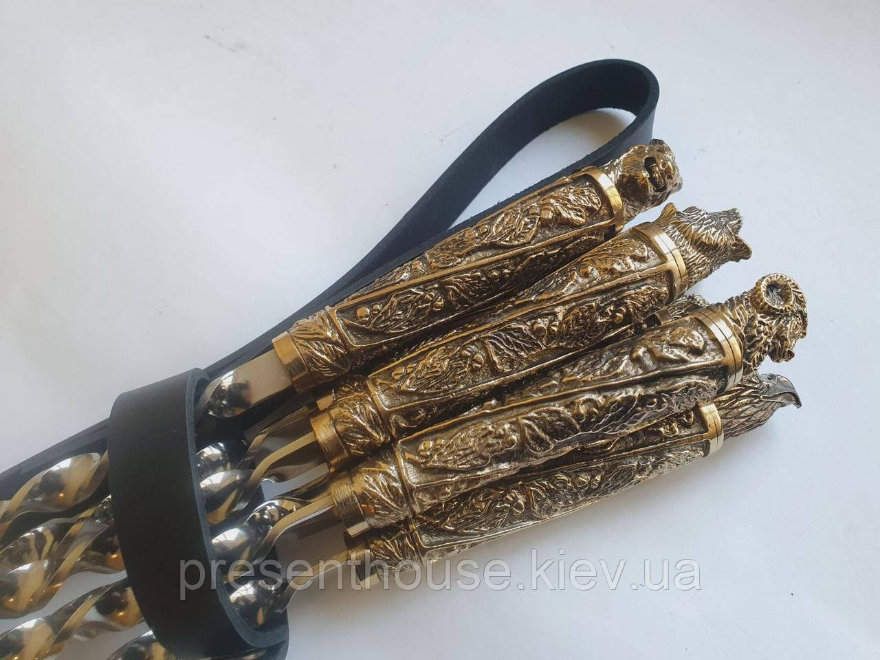 Набір шампурів ручної роботи «Дикі звірі», 6 шт, нержавіюча сталь 70 см, рукояті з бронзи, шкіряний сагайдак, фото 1