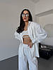 Білий жіночий базовий повсякденний костюм-двійка з котону: широкі Штани та Сорочка на ґудзиках, фото 8