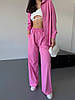 Рожевий жіночий базовий повсякденний костюм-двійка з котону: широкі Штани та Сорочка на ґудзиках, фото 4