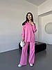 Рожевий жіночий базовий повсякденний костюм-двійка з котону: широкі Штани та Сорочка на ґудзиках, фото 3