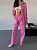 Рожевий жіночий базовий повсякденний костюм-двійка з котону: широкі Штани та Сорочка на ґудзиках, фото 6