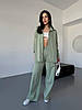 Оливковий жіночий базовий повсякденний костюм-двійка з котону: широкі Штани та Сорочка на ґудзиках, фото 7