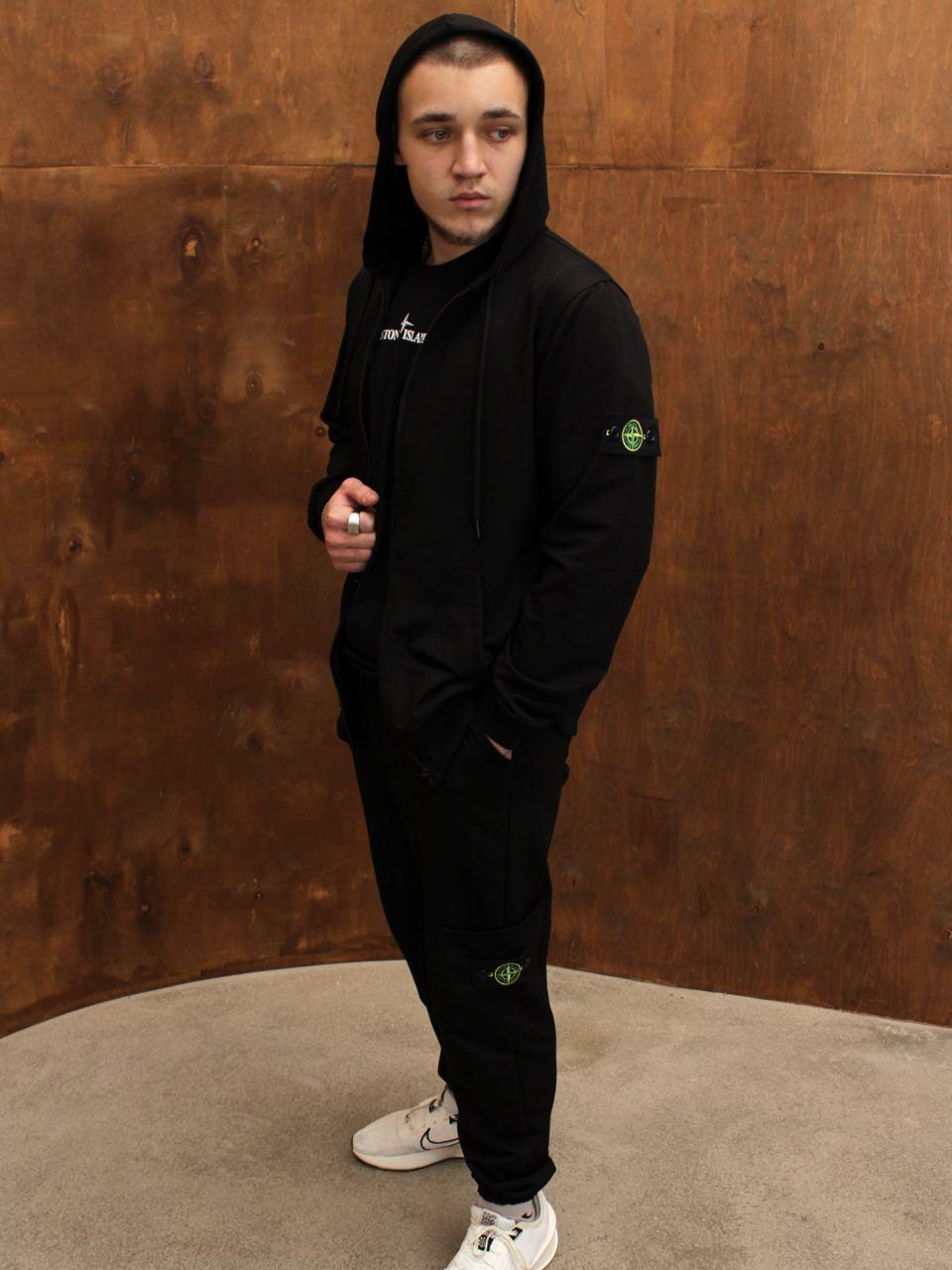 Чоловічий спортивний костюм Stone Island Толстовка + Штани чорний з капюшоном на блискавці Стон Айленд