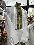 Вишиванка чоловіча ручної роботи вишита біла домоткане полотно довгий рукав оливкова вишивка 52 розмір, фото 4