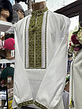 Вишиванка чоловіча ручної роботи вишита біла домоткане полотно довгий рукав оливкова вишивка 52 розмір, фото 5