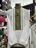 Вишиванка чоловіча ручної роботи вишита біла домоткане полотно довгий рукав оливкова вишивка 52 розмір, фото 6