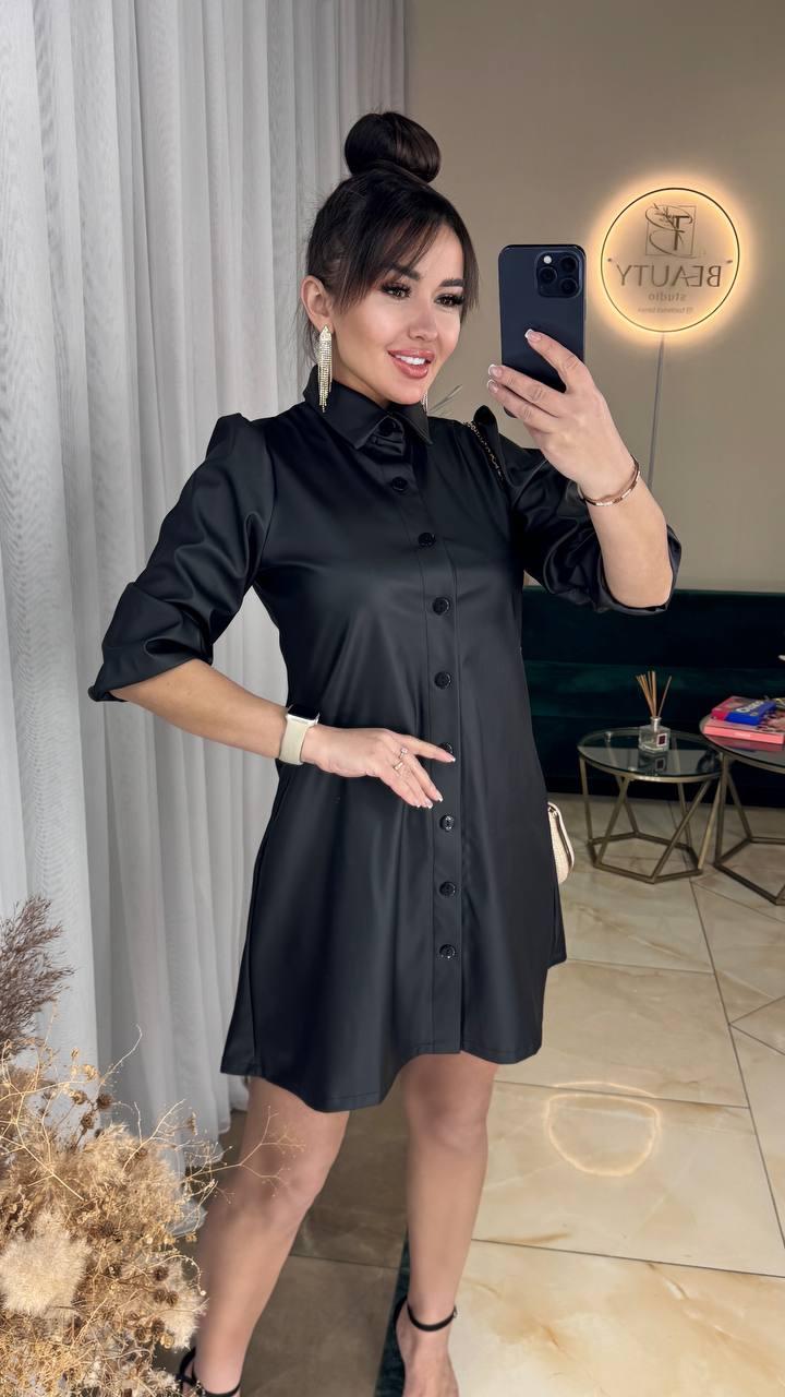 Жіноча шкіряна чорна сукня великого розміру plussize 42-58 еко шкіра на трикотажі з довгим рукавом