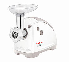 Moulinex М'ясорубка, 2000Вт, 2.6кг/хв, 2 решітки, насадка для ковбас, кеббе, томатів, 5 терок, пластик, біло-сірий