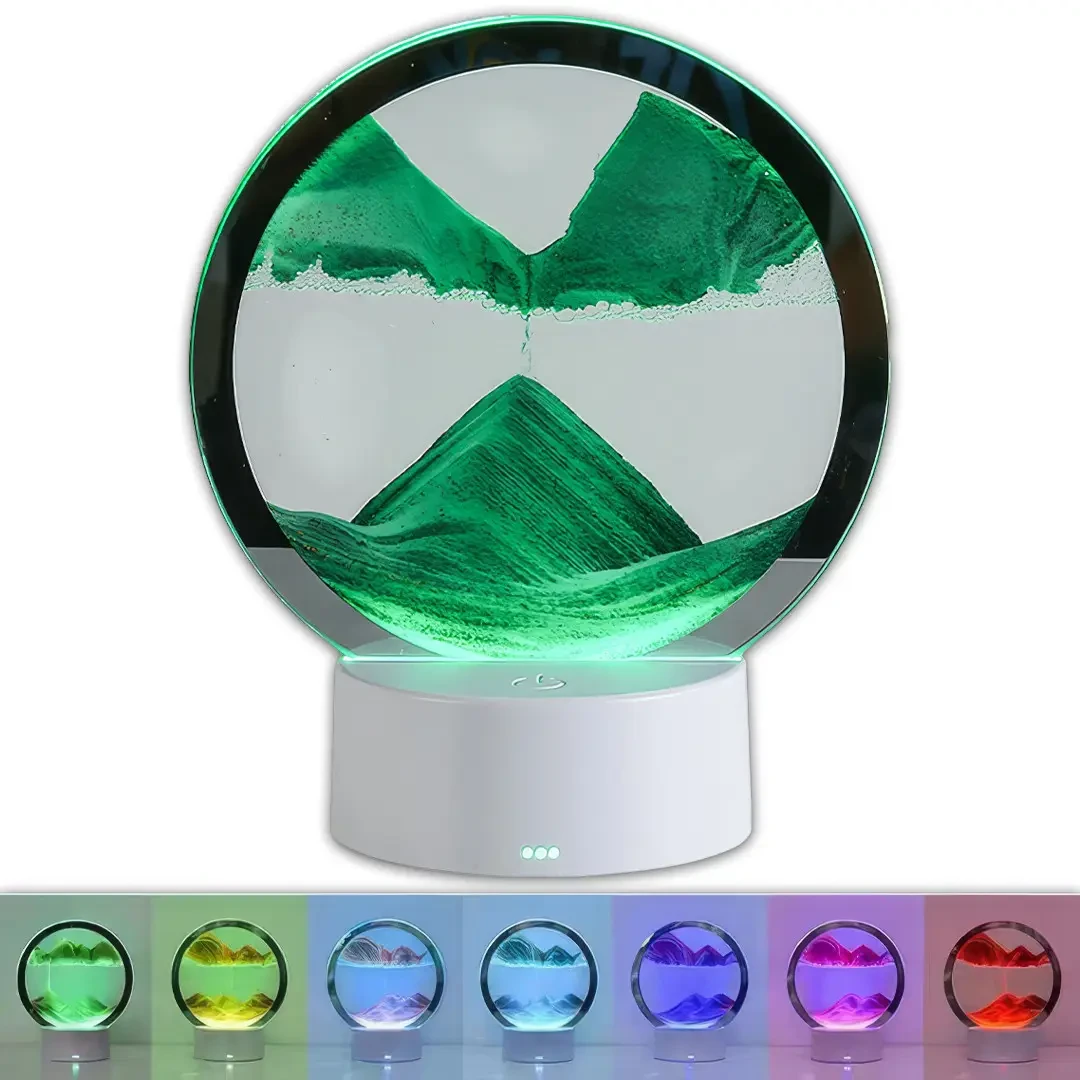 Пісочний годинник 3D зі світлодіодною RGB-підсвіткою на підставці 7 режимів підсвітка Зелений, Нічник рухомий пісок