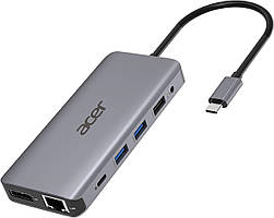 Acer Хаб USB-С > 2xUSB-A3.2/2xUSB-A2.0/SD/TF/2xHDMI/1xDP/1xRJ45/mini-jack, 0.15м, сірий