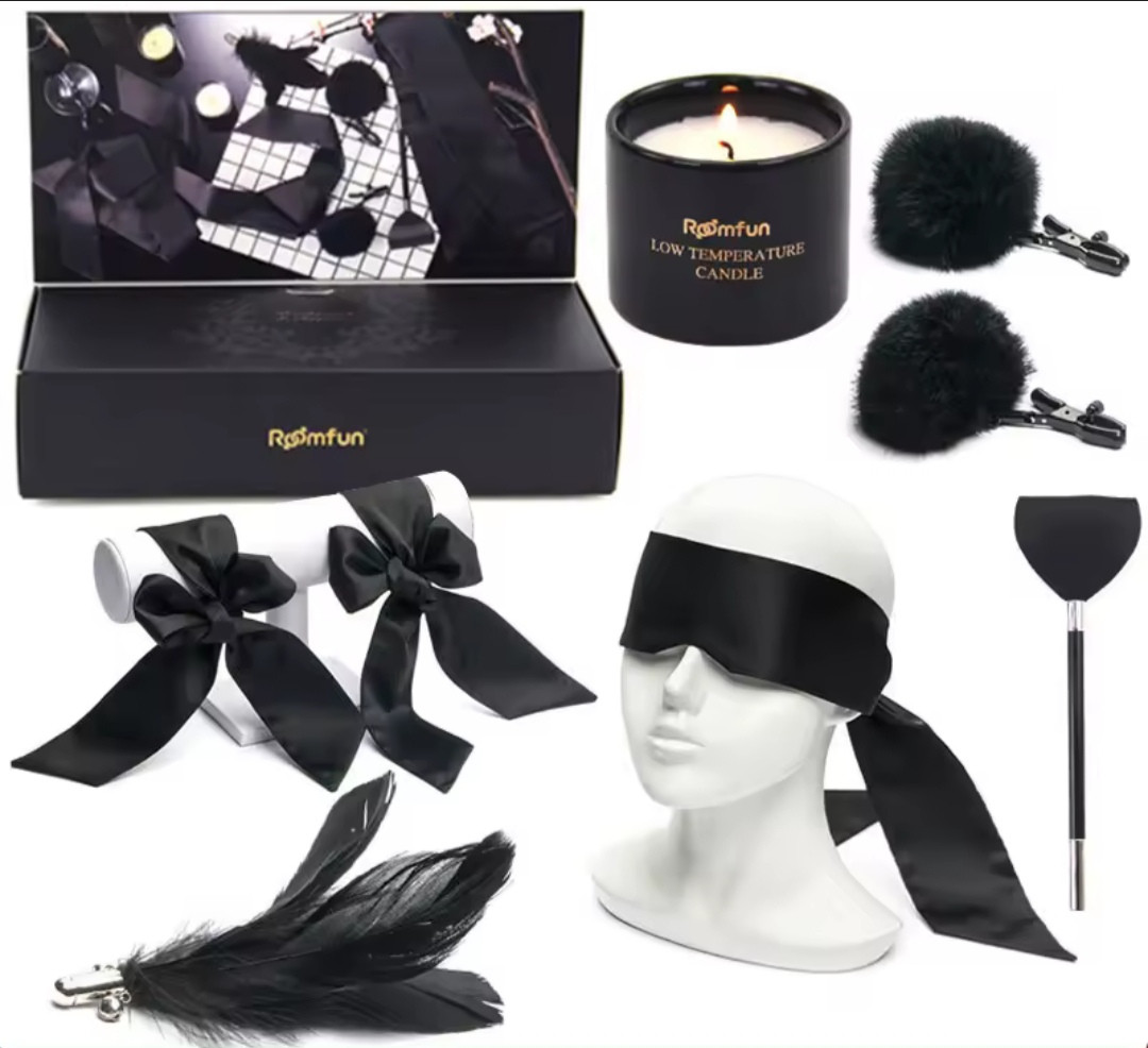 БДСМ набір "Set love", колір чорний, пов'язка на очі, наручники, щіточка, стек, свічка, затискачі для сосків, фото 1