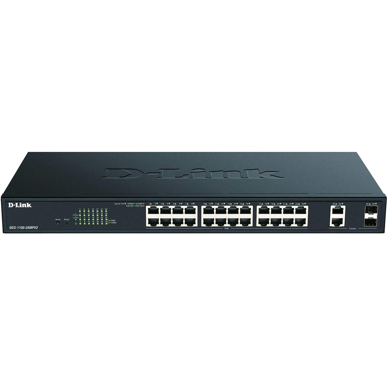 D-Link Комутатор DGS-1100-26MPV2 24xGE PoE, 2xSFP/GE, 370 Вт, EasySmart