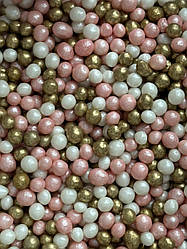 Рисові кульки глазуровані мікс РОЖЕВО-БІЛО-ЗОЛОТІ - 5 мм, 50 гр