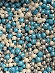 Рисові кульки глазуровані мікс БЛАКИТНІ-БІЛО-СРІБНІ - 5 мм, 50 гр