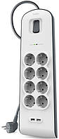 Belkin Подовжувач-фільтр мережевий 8хТип F, 3x1.5мм кв, 16А, 2xUSB-A 2.4A, з захистом від перенапруги, 2м, білий