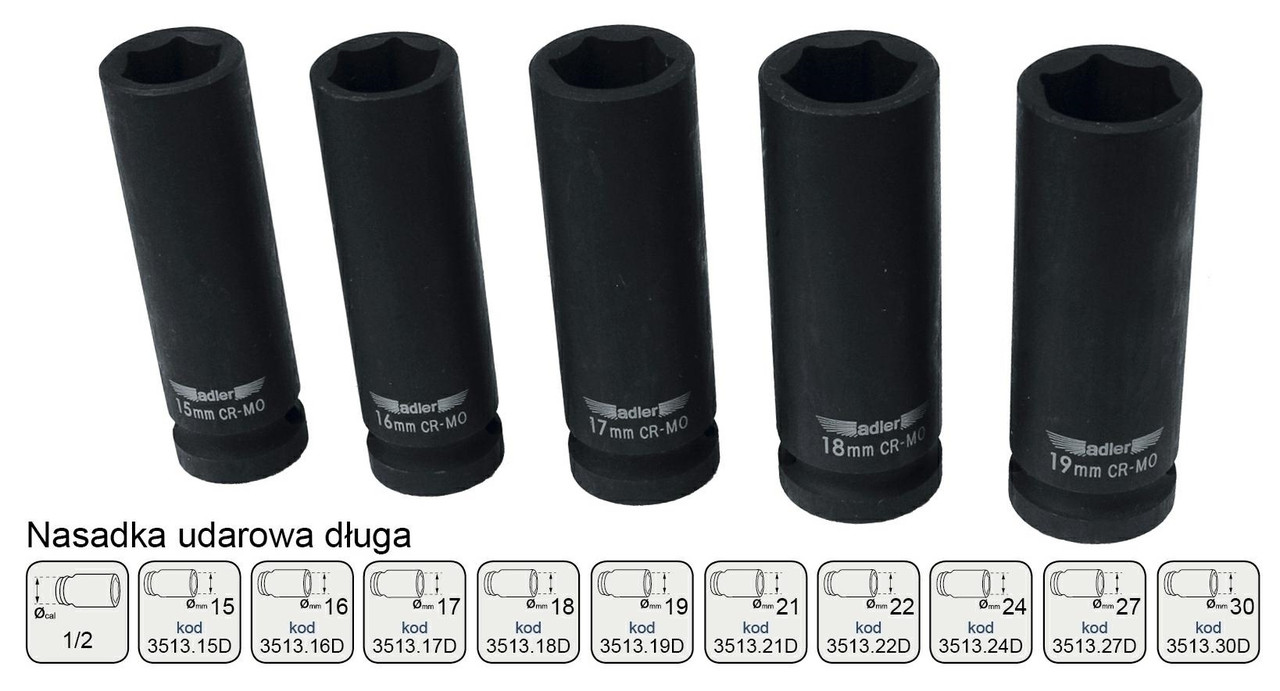 ГОЛОВКА ADLER ДОВГА УДАРНА 6-КУТНА 1/2" 22 мм