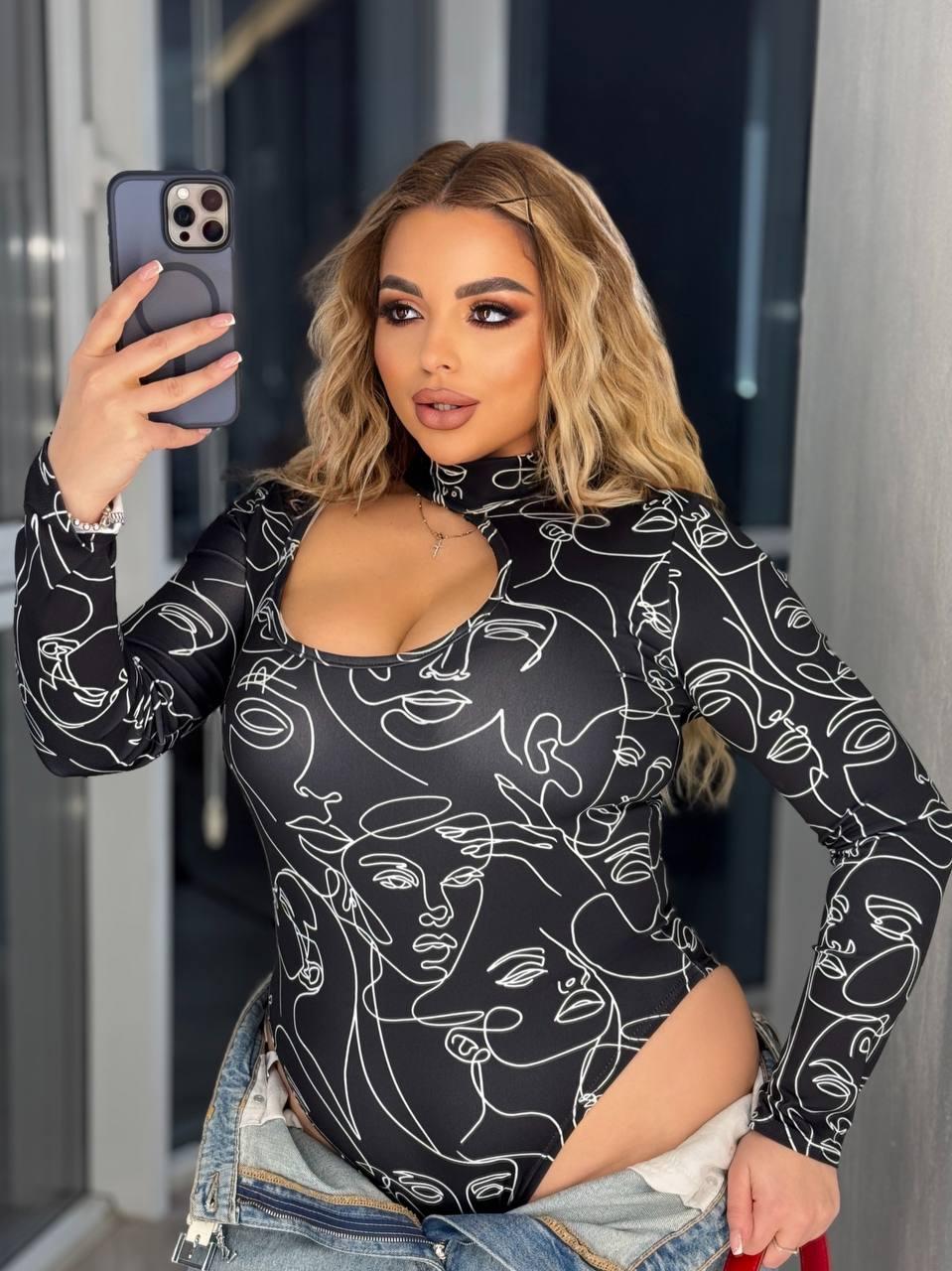Жіноче боді тату стрейч великого розміру plussize 48-58 з довгим рукавом і вирізом