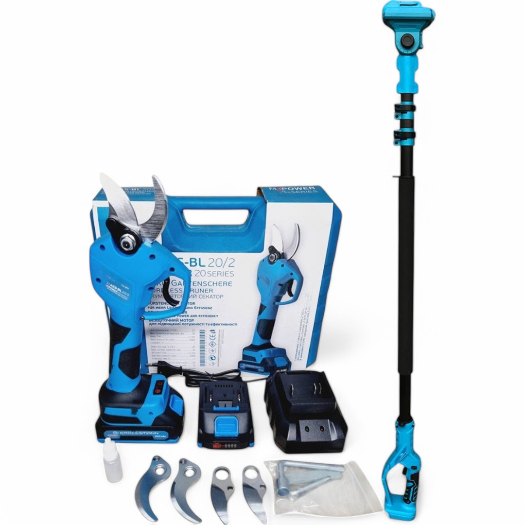 Комплект: Акумуляторний секатор KRAISSMANN 31 AGS-BL 20/2 (+Висоторіз 2,5м, 20В, 2000 мАг, НІМЕЧЧИНА)
