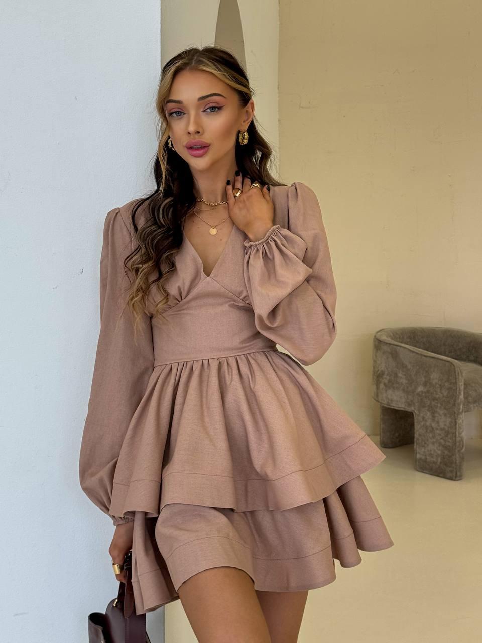 Жіноча льняна міні сукня з подвійною пишною спідницею та об'ємними рукавами Sms9318